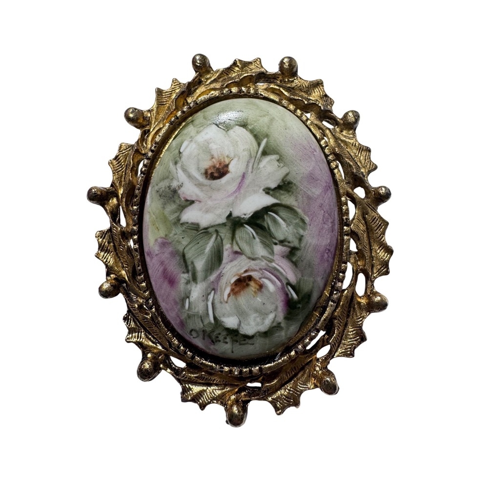 Vintage O'Keefe Hand Painted Floral Porcelain Cameo Brooch Pendant Gold Tone